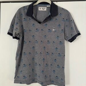 Men’s Original Penguin gray grey blue navy palm print preppy golf polo size S